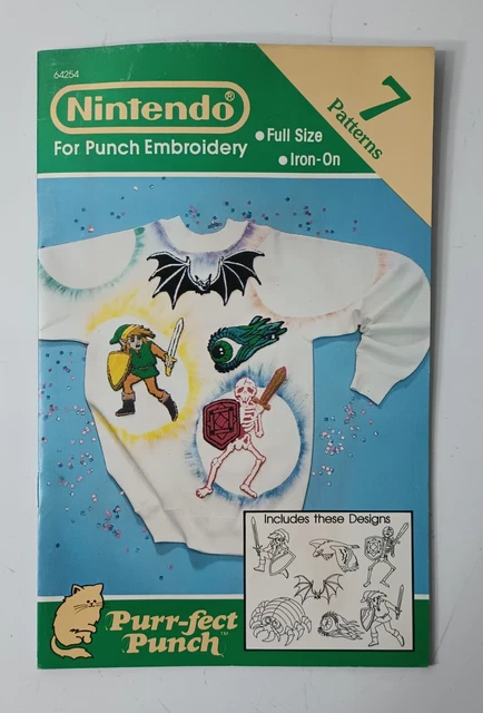 Folleto de bordado vintage de Nintendo Punch 7 patrones 1990 ronroneo perfecto golpe
