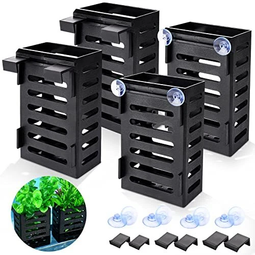 4 Pack Hanging Aquarium Plant Holder Fish Tank Plant Pot w/ Hooks & Suction Cups