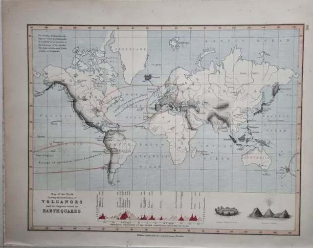 1878 Antique Map Of World Distribution Volcanoes Earthquakes Lagoon Island