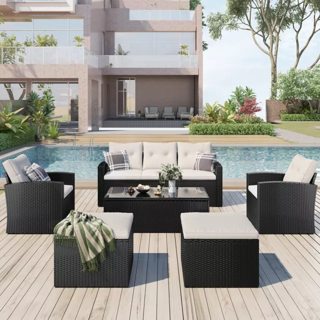 6 PCS Patio Sectional Wicker Sofa Set Outdoor Rattan Dining Set, Ottomans, Table
