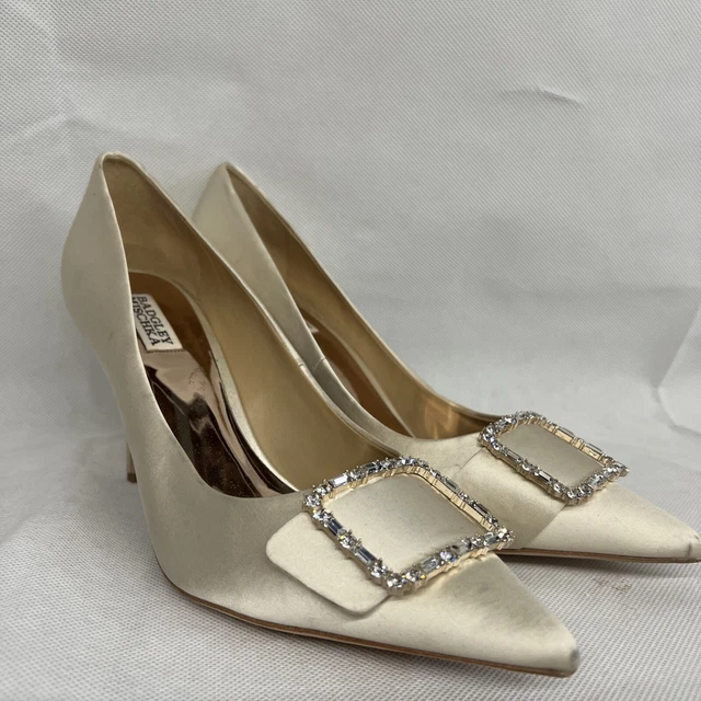 NEW As Is Sz 11 Badgley Mischka Devi Embellished Pointed Toe Pumps Ivory Satin