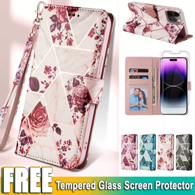 For iPhone 15 14 13 12 Pro Max 7 8 Plus SE Wallet Case Marble Leather Flip Cover