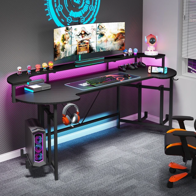 75& ERGONOMIC GAMING Desk with Led Strip and Monitor Shelf, Large