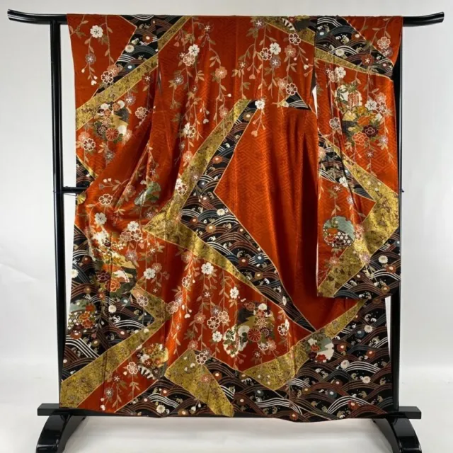 Woman Japanese Kimono Furisode Silk Yukiwa Flower Gold Thread Embroidery Red