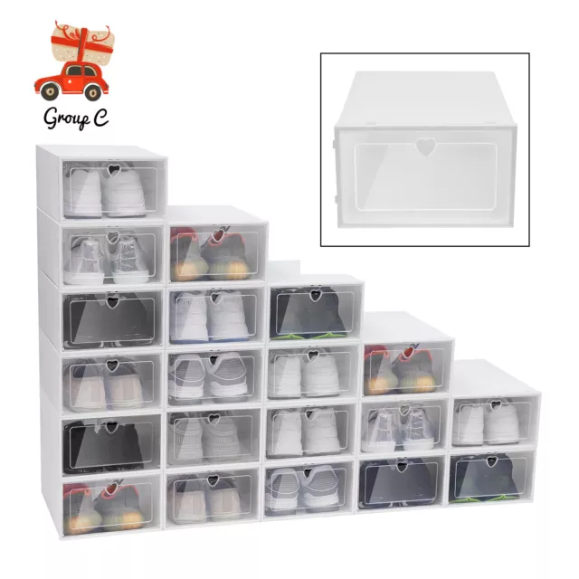 20X Clear Plastic Shoe Storage Box Stackable Foldable Boxes Trainers Organiser
