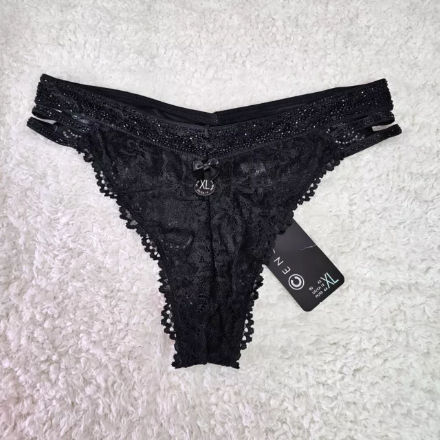 Censored Black Lace Thong Panties with Rhinestones Size XL * New with Tags