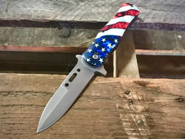 8.5" Tactical USA Flag Spring Assisted Open Blade Folding Pocket Knife