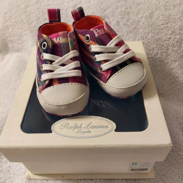 Ralph Lauren Polo Pink Multi Plaid Layette Sneakers Size 0 NIB