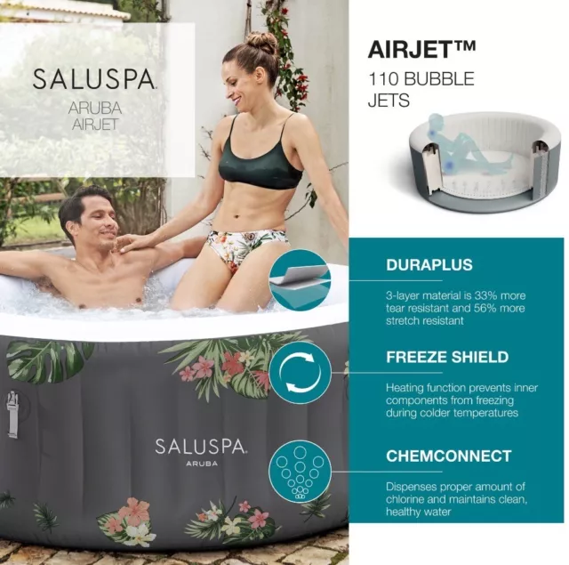 Brand New SaluSpa Aruba AirJet Inflatable Hot Tub with 110 Soothing Jets Gray US
