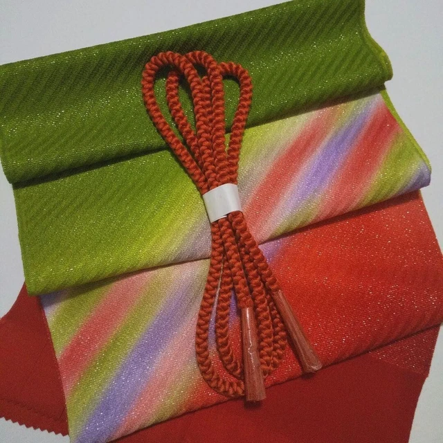 OBIJIME & OBIAGE Set Silk Red Matcha Gold Thread Foil Japanese Kimono Houmongi