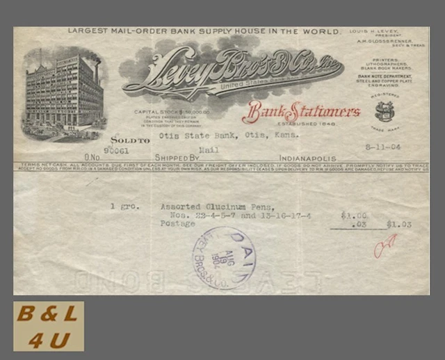 Indianapolis, IN 1904 Billhead  Printer of Bank Notes & Bank Checks Levey Bros.