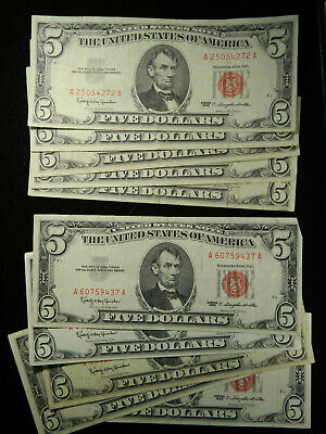 Lots of 5 $5 Red Seal Dollars Red Certificate Old Estate Money Lot 1953 - 1963