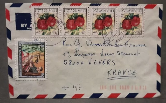 cover enveloppe poste aérienne Liban Jounieh/France Nevers bande de 4 TP fruits