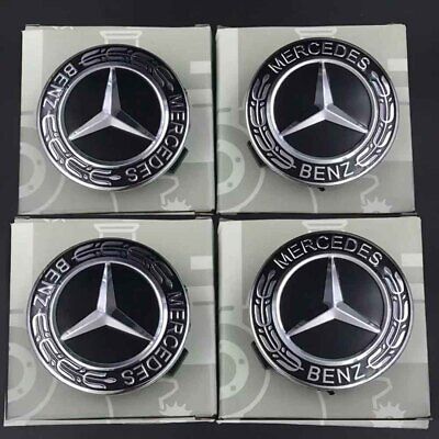 SET OF 4 Classic Black Mercedes-Benz 75MM Wheel Rims Center Hub Caps AMG Wreath
