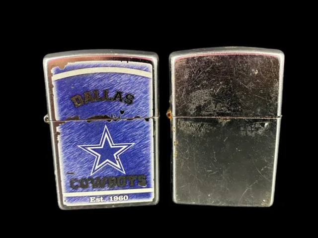 2 Vintage Zippo Lighters 1960 Dallas Cowboys Football Team & Plain Chrome