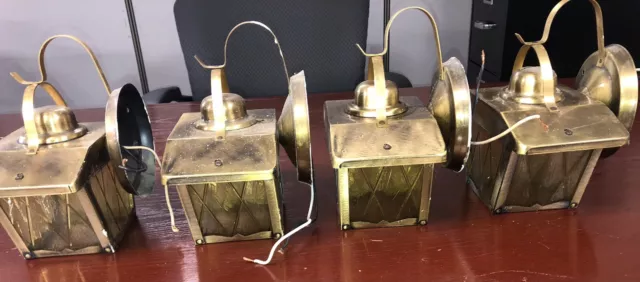 FOUR American Lantern Light Fixtures Wall Antique Brass Vintage Amber Glass