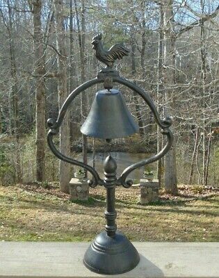 French Style Country Chic Black Cast Iron Tabletop Rooster Hen Dinner Bell