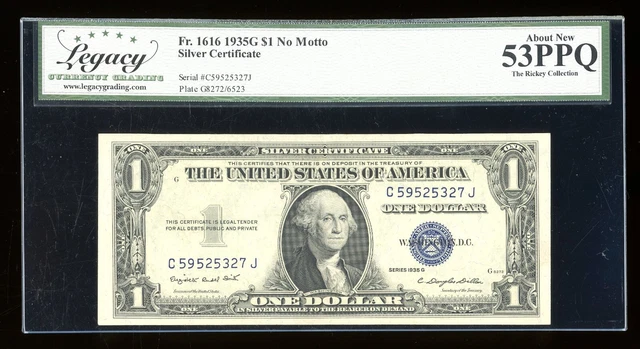DBR $1 1935-G Silver Fr. 1616 No Motto CJ Block Legacy 53 PPQ Serial C59525327J