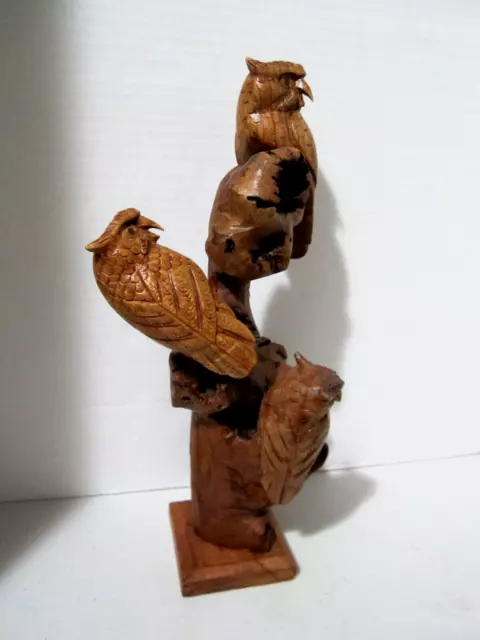 Parasite Wood Triple Roosting Owls Hand Made Carved Wooden Sculpture Statue