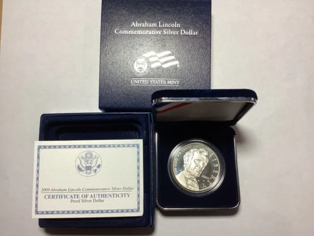 Proof 2009 Abraham Lincoln Commemorative Silver Dollar Coin w/ Box & COA