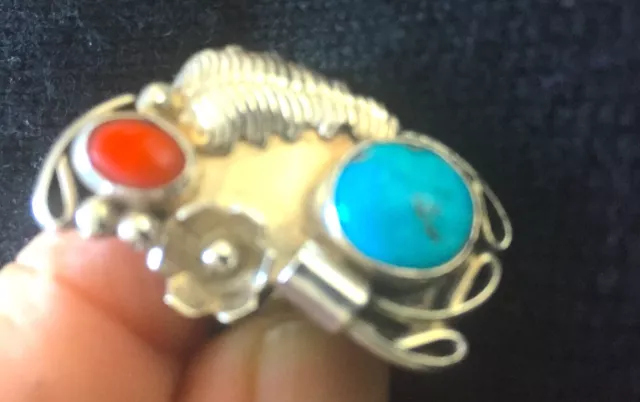 Grandmas Estate Native American Ring Turquoise and Coral Gemstones Sterling 3