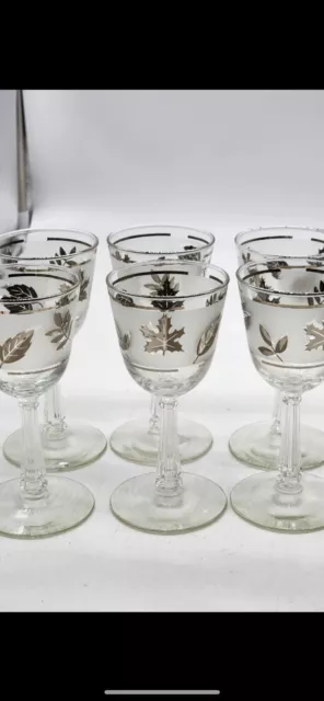 VTG Libbey Frosted Silver Leaf Trim Wine Glasses MCM  Barware Man Cave Set Of 6