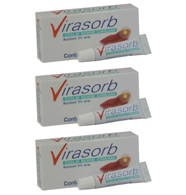 3 x Virasorb Cold Sore Cream 2g 5% | Cracked & Sore Lips Relief, Long Expiry