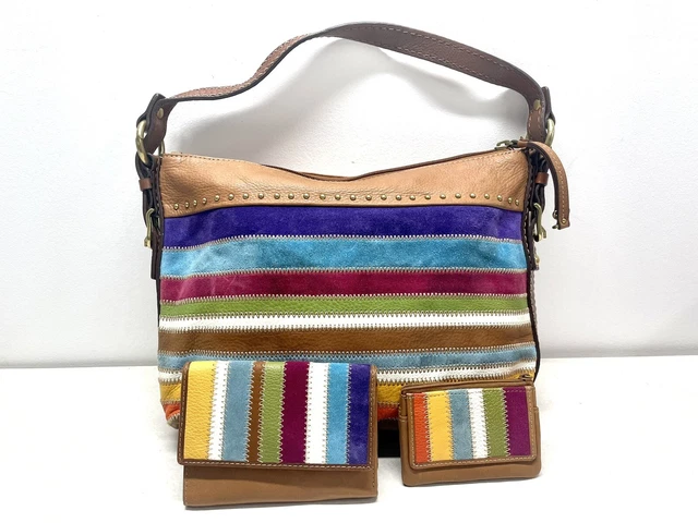 Fossil Multi Color Patchwork Leather Suede Purse Handbag Wallet Coin  Striped