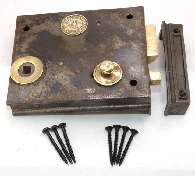 OLD ANTIQUE CAST iron brass trimmed rim latch bathroom privacy rim lock ...