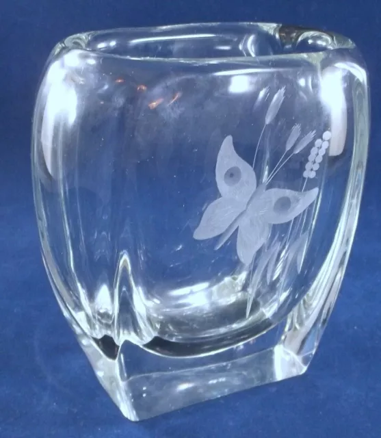 Johansfors Glassworks Sweden Crystal Pillow Vase Etched Butterfly & Flower