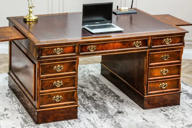 Large Antique Solid Burr Walnut Twin Pedestal Partners Leather Top Writing Desk