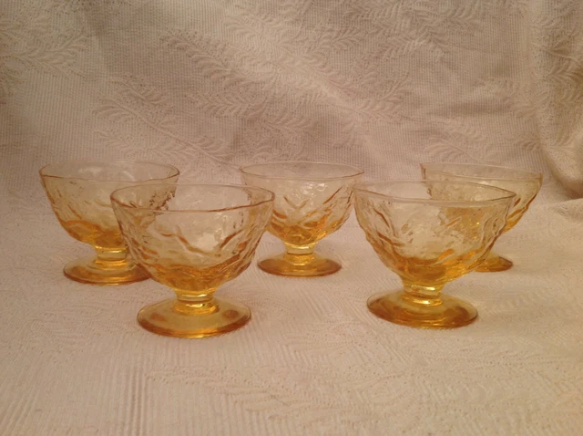 Set of Seven (7) Morgantown Topaz / Amber Crinkle Footed Champagne / Sherbets