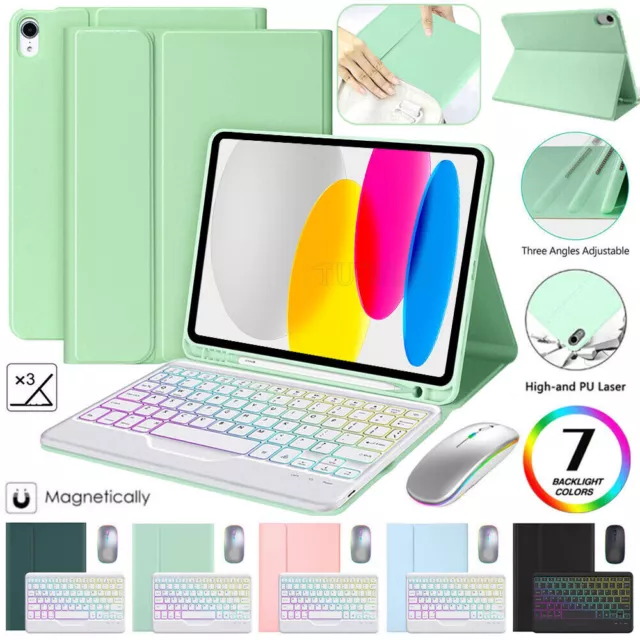For iPad Air 1/2/3/4/5th Gen 10.9" 2022 10.5" Backlit Keyboard Mouse Case Cover