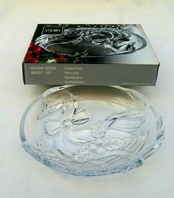 Mikasa Holiday Goose Oval Sweet Candy Nut Dish Holly Berries Clear Glass Japan 3