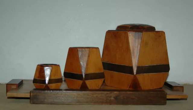 antikes Tisch Set - Bauhaus Art Deco Holzdose Tablett Holz Dose geometr. Muster 2