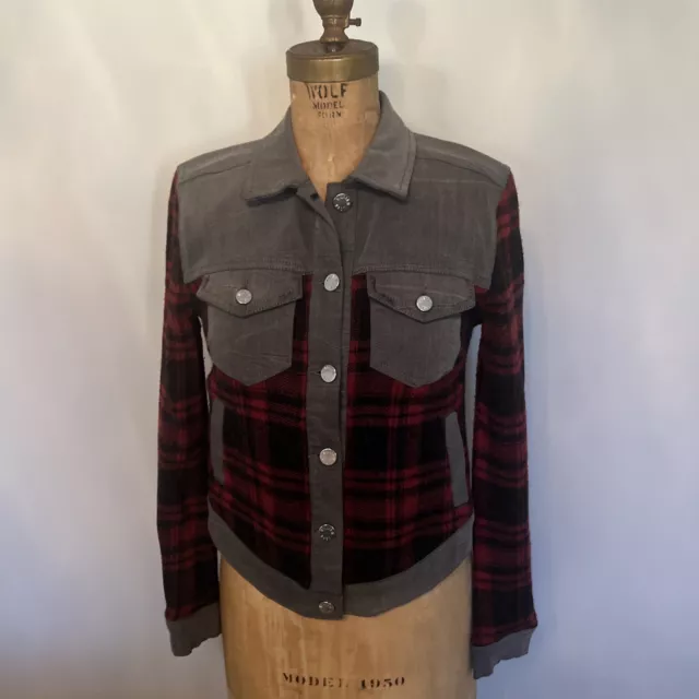 WILLIAM RAST Sussex Denim Red Black Tarten Plaid Jacket Gray Sky Stretch Small