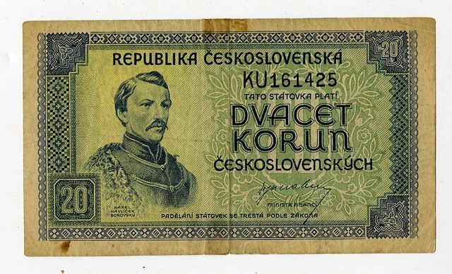 Czechoslovakia. Republic of Czechoslovakia, ND(1945). 20 Korun, P-61a, Fine. W&S