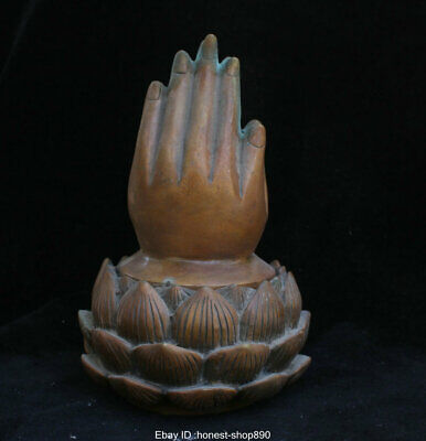 20 cm Old Chinese Bronze Brass Lotus Buddha Hand Statue Incense Burner Censer 02