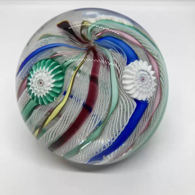 Vintage Murano Latticino Ribbon Millefiori Art Glass Paperweight