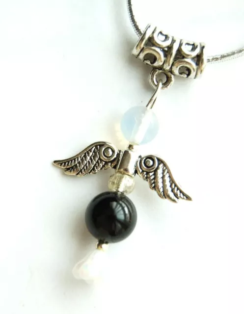 Black Tourmaline Crystal Guardian Angel Pendant Silver Cord Protection