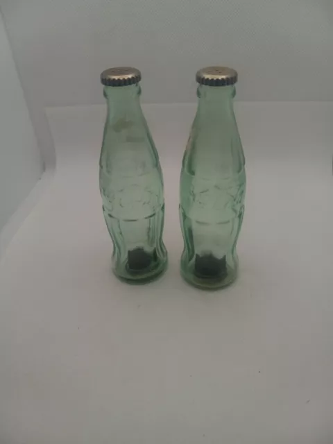 Coca Cola Salt & Pepper Shakers Clear green colored glass 4 1/2" tall-1990's