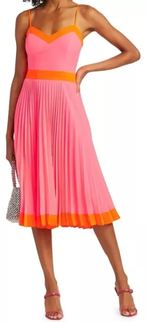 NEW $395 Milly Size 10 Pleated GGT Jill Midi Neon Pink Orange V Neck Dress NWT