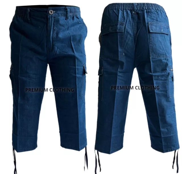 Mens DENIM 3/4 Elasticated Long Length Shorts Waist Cargo Combat Three Quarter