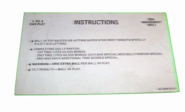 Dolly Parton 1978 Original Vintage Pinball Machine Rules Instruction Card