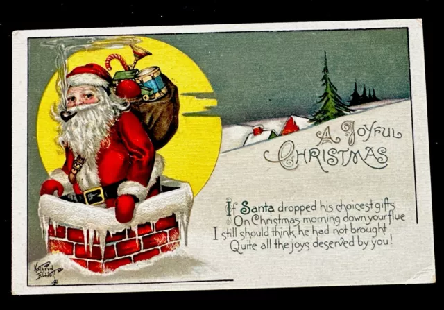 Artist signed Kathryn Elliott Christmas Santa MOON c1915 ANTIQUE German Postcard
