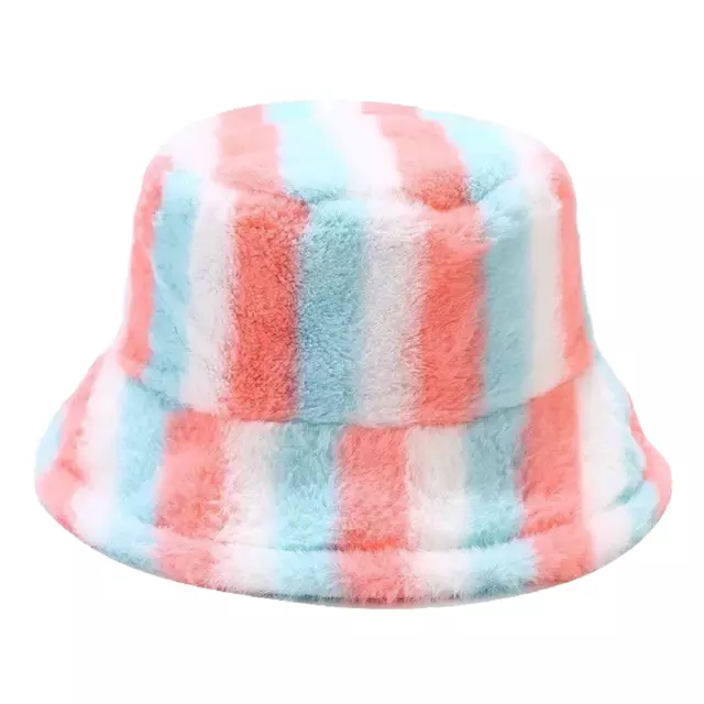 Fluffy Bucket Hat Faux Fur Rainbow Striped Plush Festival Unisex Rave Sun Hats