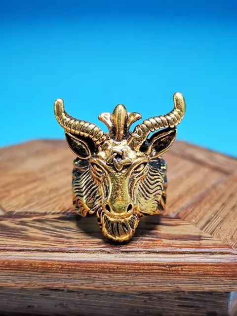 AMAZING Tibetan VINTAGE Rare OLD Miao Silver Brass Carved Ram Ring F10