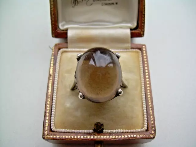 Vintage 1940s Silver Large Cabochon Smokey Quartz Ring Size M.