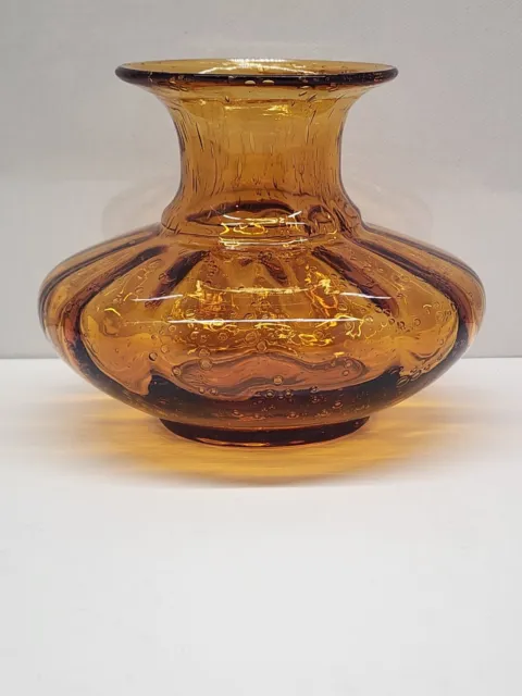 Pier 1 One Blown Art Glass Vase With Bubbles Orange Amber Round 5.5" W 3