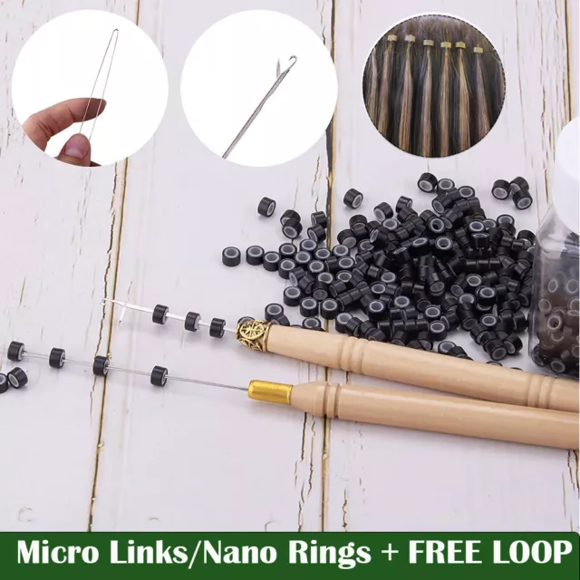 500PCS Nano Ring Micro Beads Silicone Lined FREE Pulling Loop Hook Tool Threader